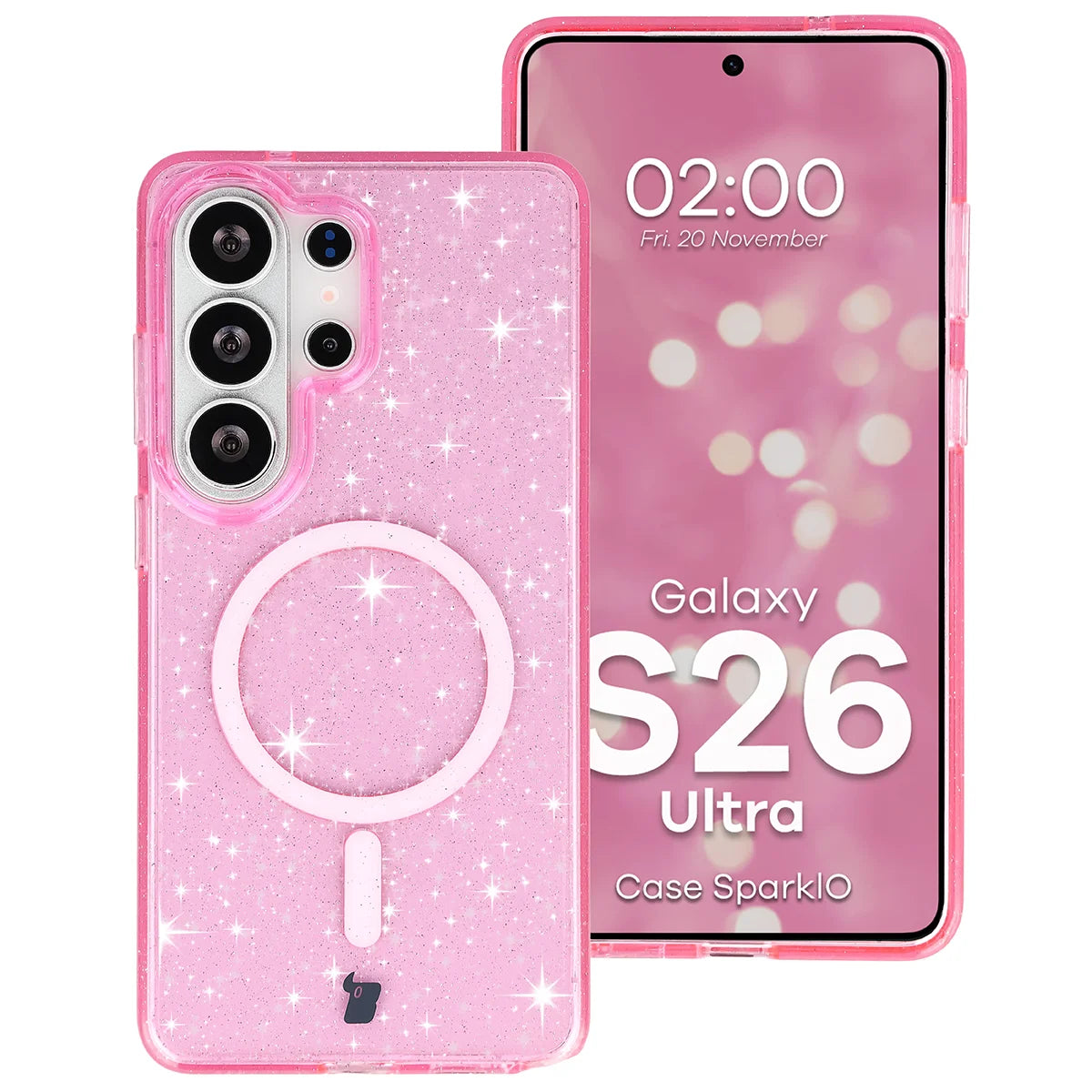 Glitzer Hülle mit Magnetring für Galaxy S26 Ultra, Bizon Case SparklO, Transparent-Rosa mit Glitzer