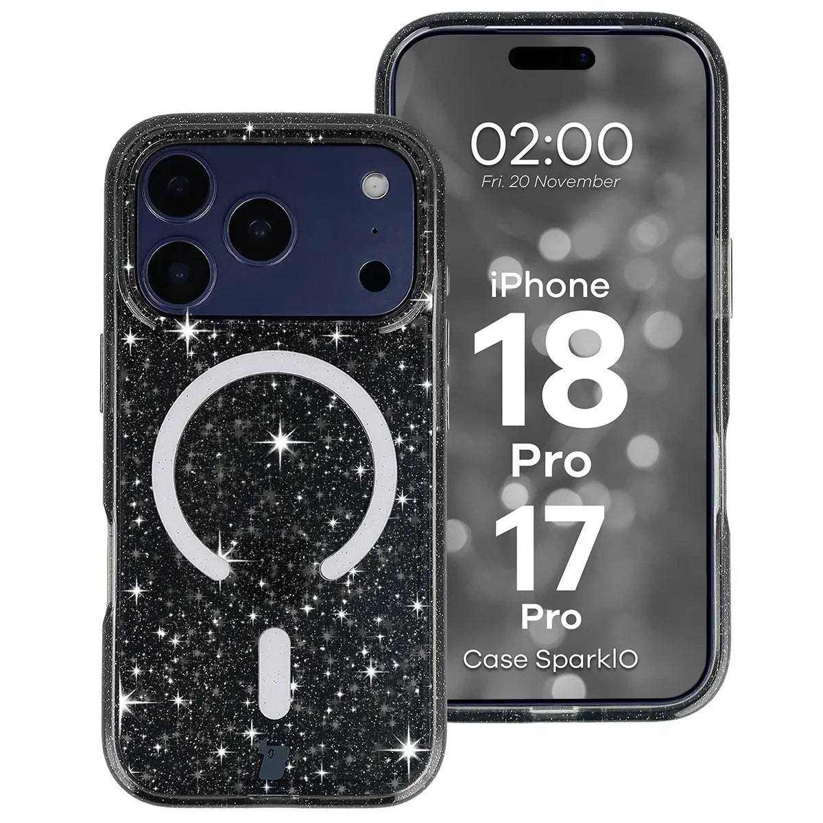 Glitzer Hülle mit Magnetring für iPhone 18 Pro / 17 Pro, Bizon Case SparklO, Transparent-Schwarz mit Glitzer