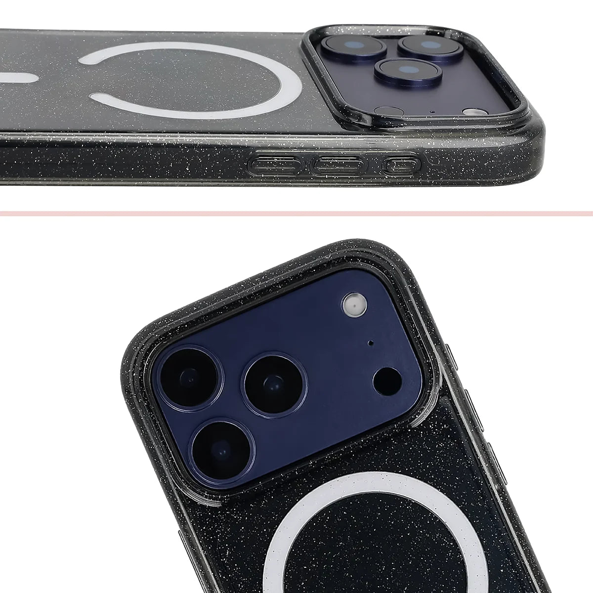 Glitzer Hülle mit Magnetring für iPhone 18 Pro / 17 Pro, Bizon Case SparklO, Transparent-Schwarz mit Glitzer