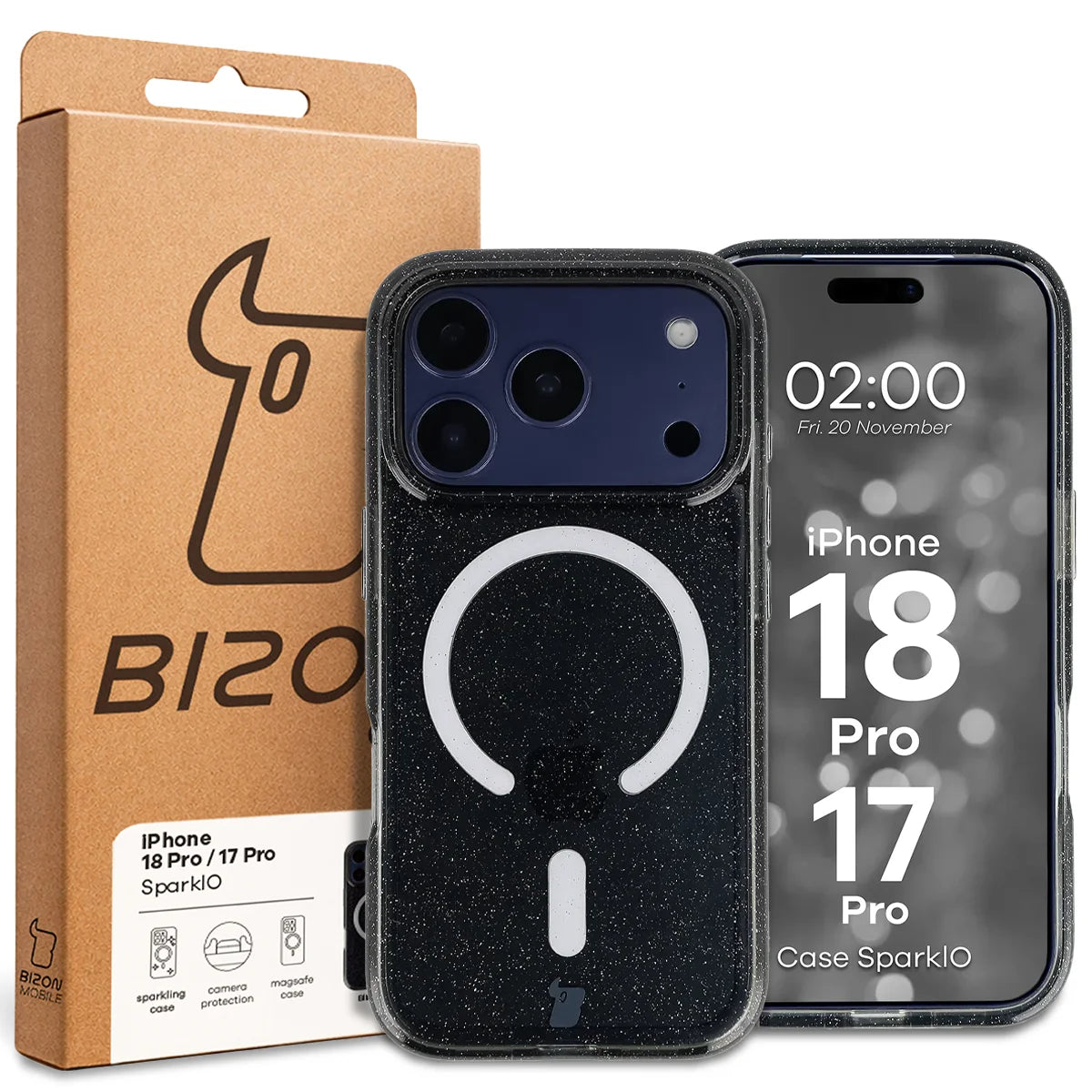 Glitzer Hülle mit Magnetring für iPhone 18 Pro / 17 Pro, Bizon Case SparklO, Transparent-Schwarz mit Glitzer
