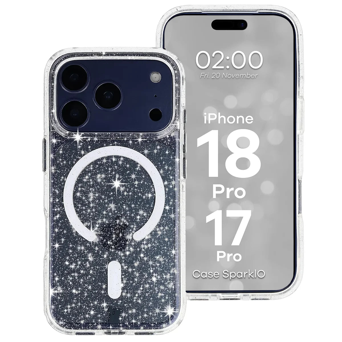 Glitzer Hülle mit Magnetring für iPhone 18 Pro / 17 Pro, Bizon Case SparklO, Transparent mit Glitzer