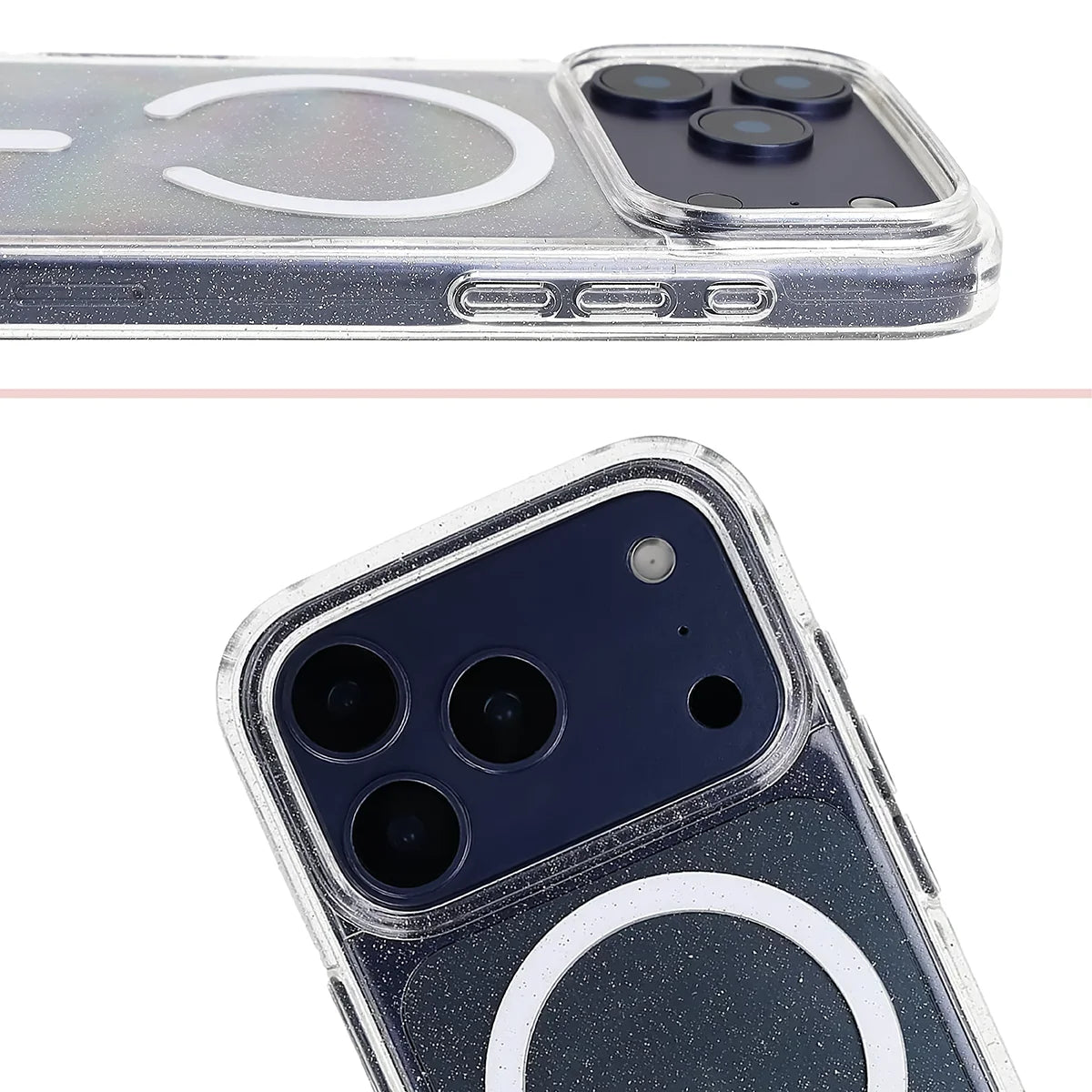 Glitzer Hülle mit Magnetring für iPhone 18 Pro / 17 Pro, Bizon Case SparklO, Transparent mit Glitzer