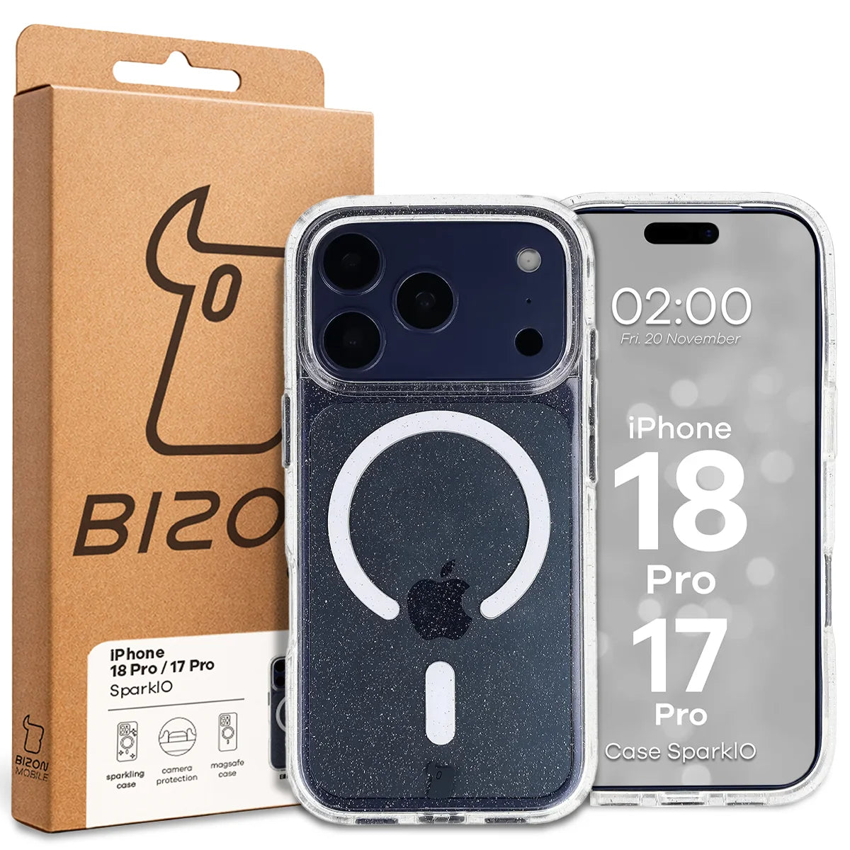Glitzer Hülle mit Magnetring für iPhone 18 Pro / 17 Pro, Bizon Case SparklO, Transparent mit Glitzer