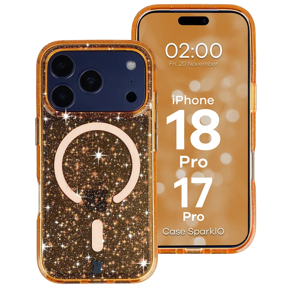 Glitzer Hülle mit Magnetring für iPhone 18 Pro / 17 Pro, Bizon Case SparklO, Transparent-Orange mit Glitzer