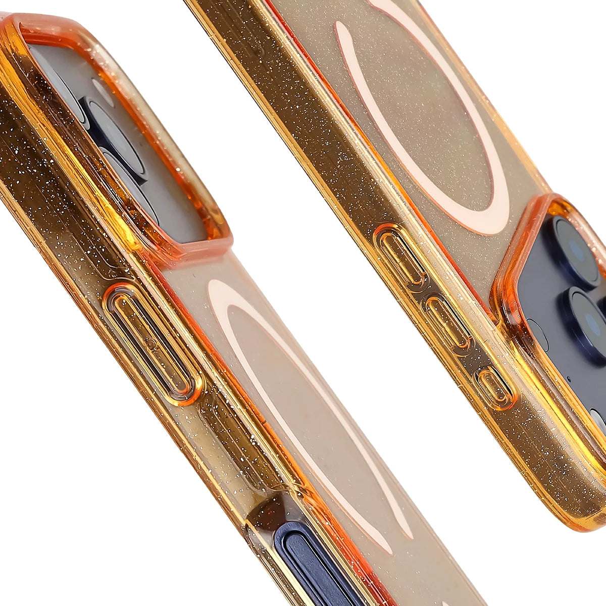 Glitzer Hülle mit Magnetring für iPhone 18 Pro / 17 Pro, Bizon Case SparklO, Transparent-Orange mit Glitzer