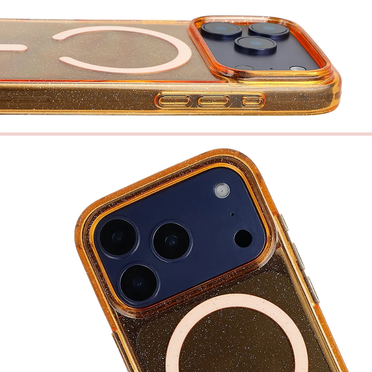 Glitzer Hülle mit Magnetring für iPhone 18 Pro / 17 Pro, Bizon Case SparklO, Transparent-Orange mit Glitzer