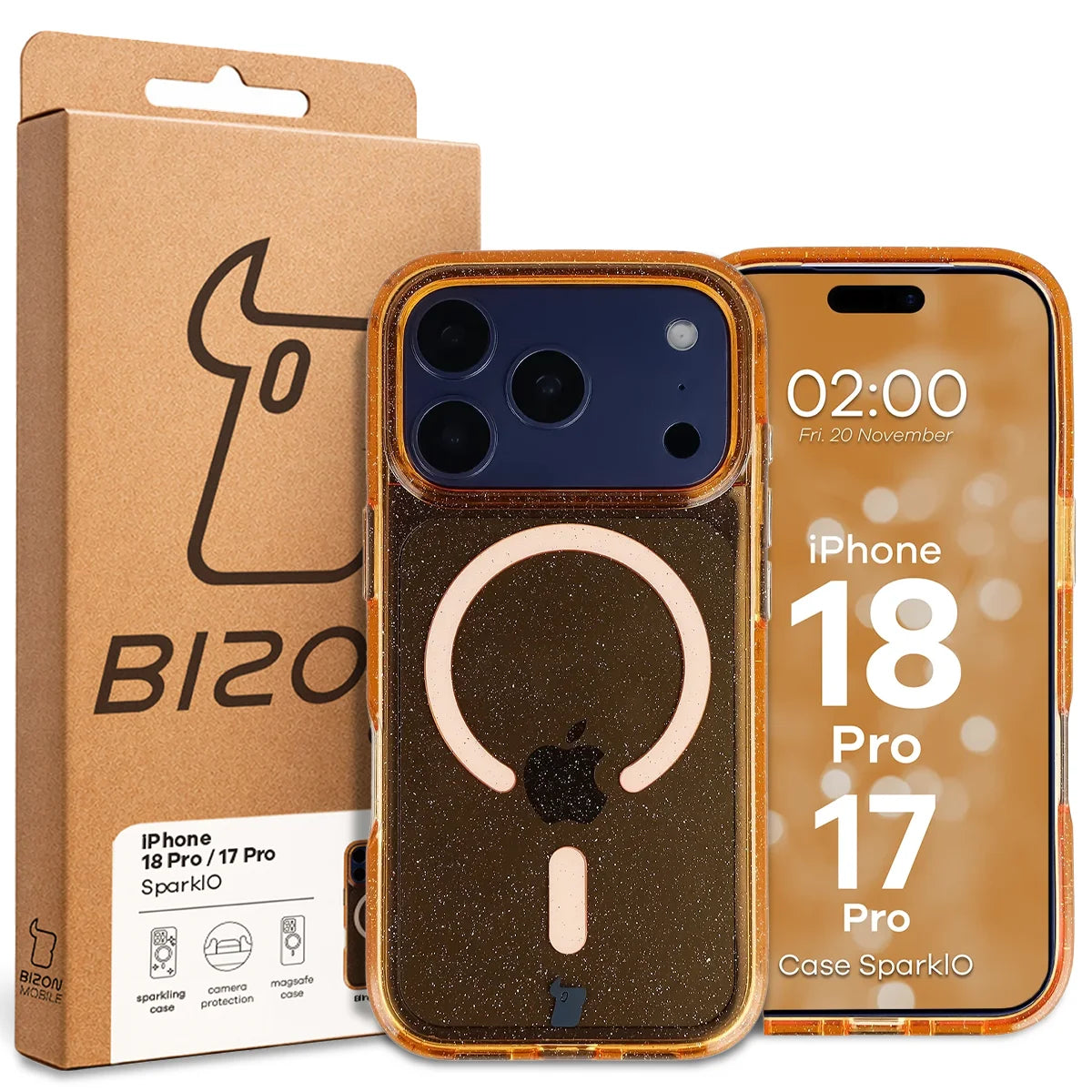 Glitzer Hülle mit Magnetring für iPhone 18 Pro / 17 Pro, Bizon Case SparklO, Transparent-Orange mit Glitzer