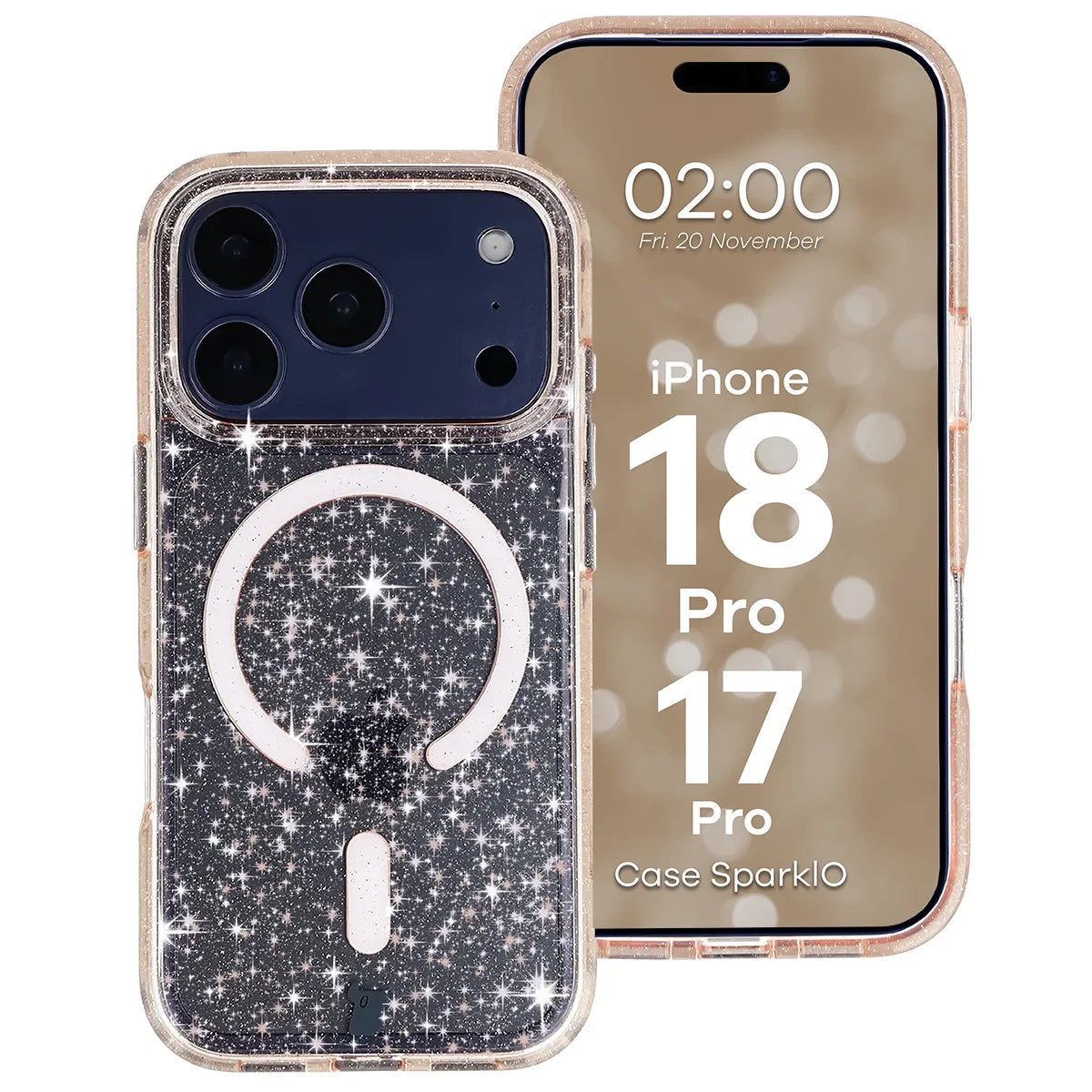 Glitzer Hülle mit Magnetring für iPhone 18 Pro / 17 Pro, Bizon Case SparklO, Transparent-Hellorange mit Glitzer