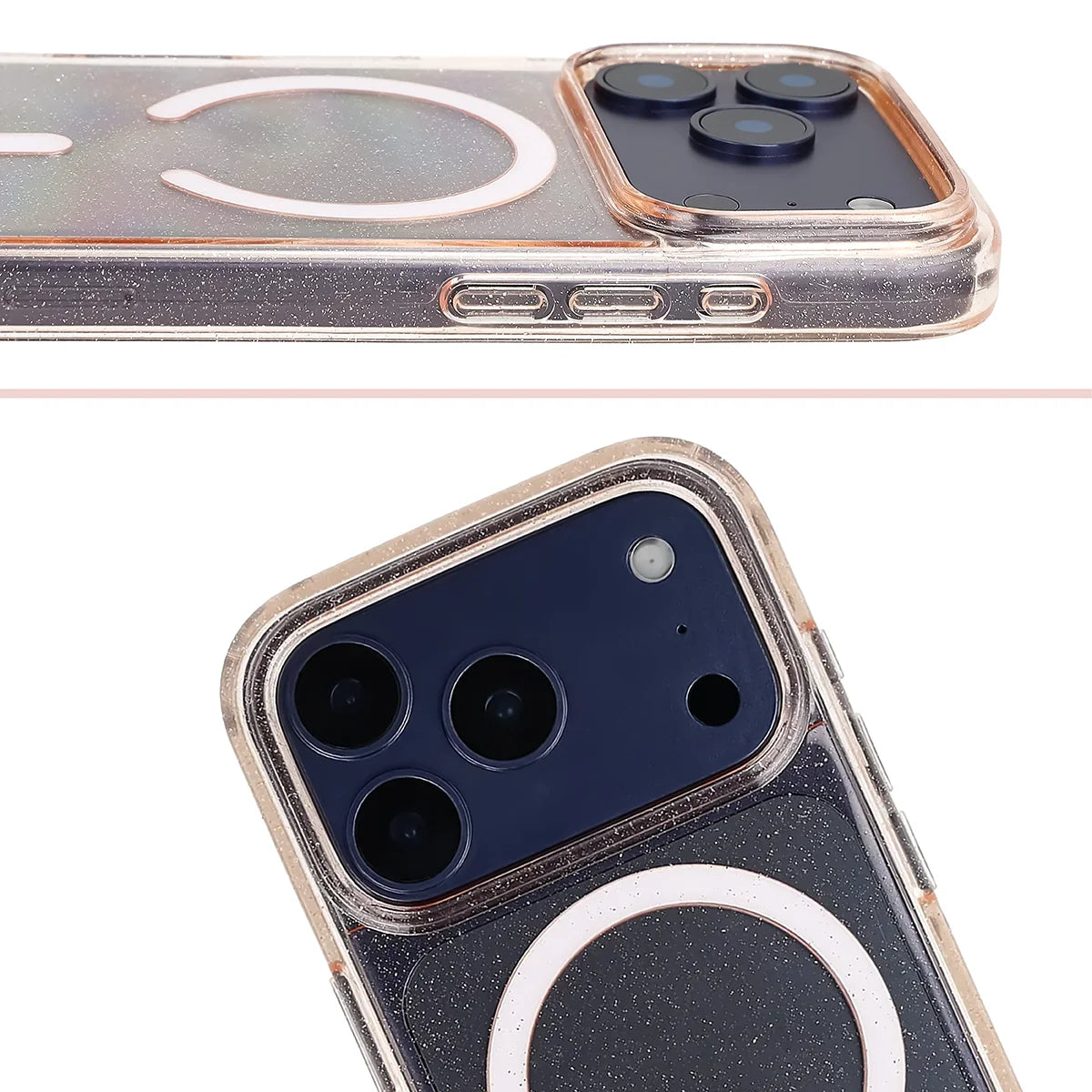 Glitzer Hülle mit Magnetring für iPhone 18 Pro / 17 Pro, Bizon Case SparklO, Transparent-Hellorange mit Glitzer