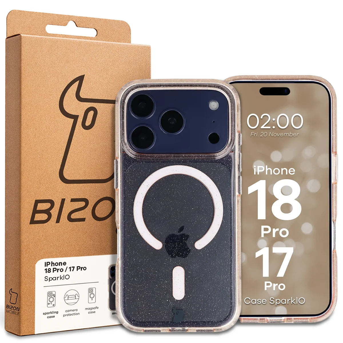 Glitzer Hülle mit Magnetring für iPhone 18 Pro / 17 Pro, Bizon Case SparklO, Transparent-Hellorange mit Glitzer