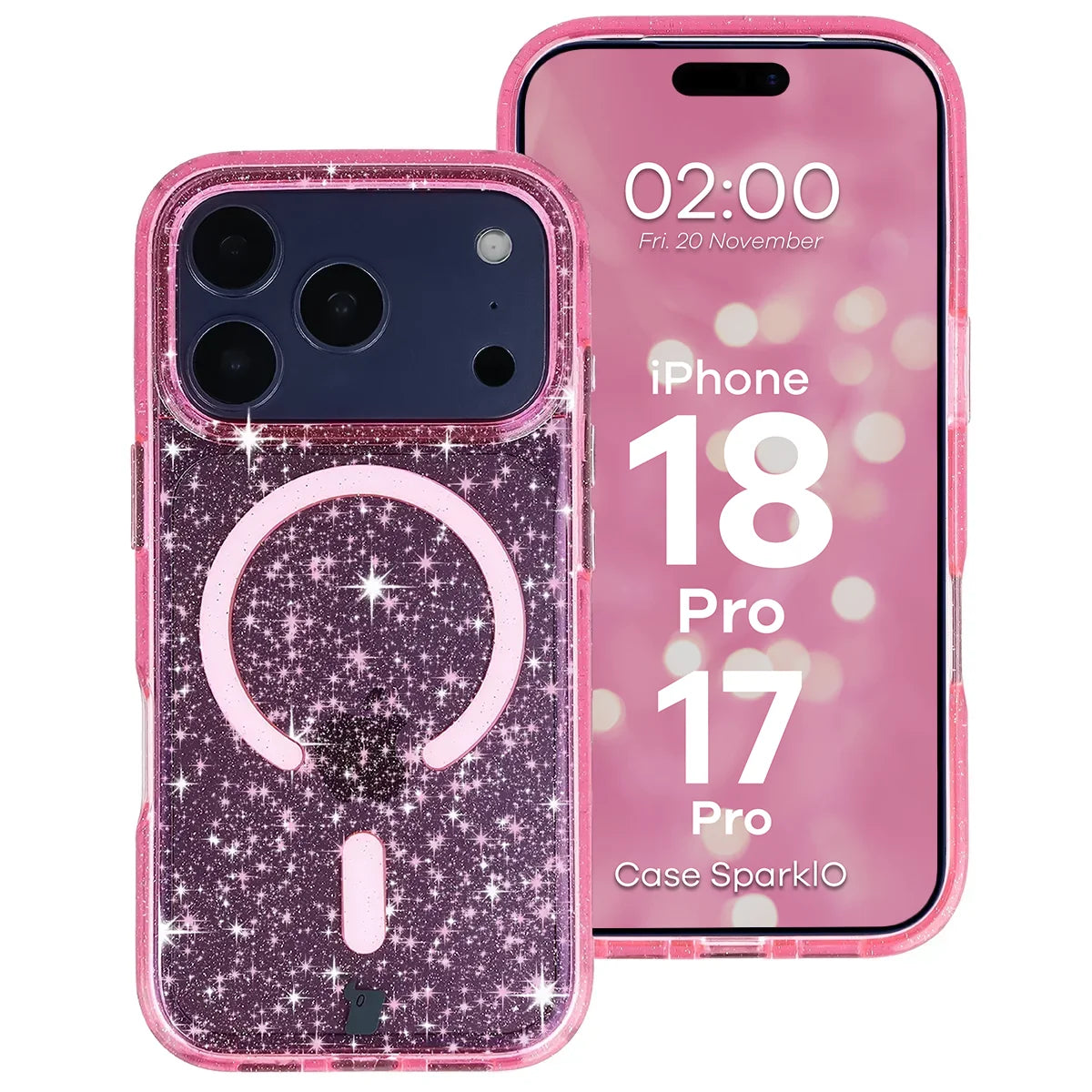 Glitzer Hülle mit Magnetring für iPhone 18 Pro / 17 Pro, Bizon Case SparklO, Transparent-Rosa mit Glitzer