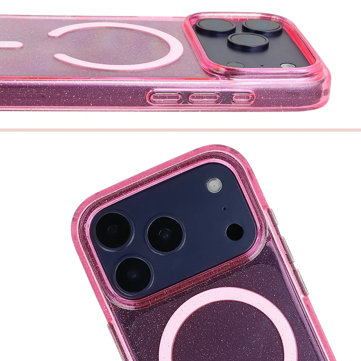 Glitzer Hülle mit Magnetring für iPhone 18 Pro / 17 Pro, Bizon Case SparklO, Transparent-Rosa mit Glitzer
