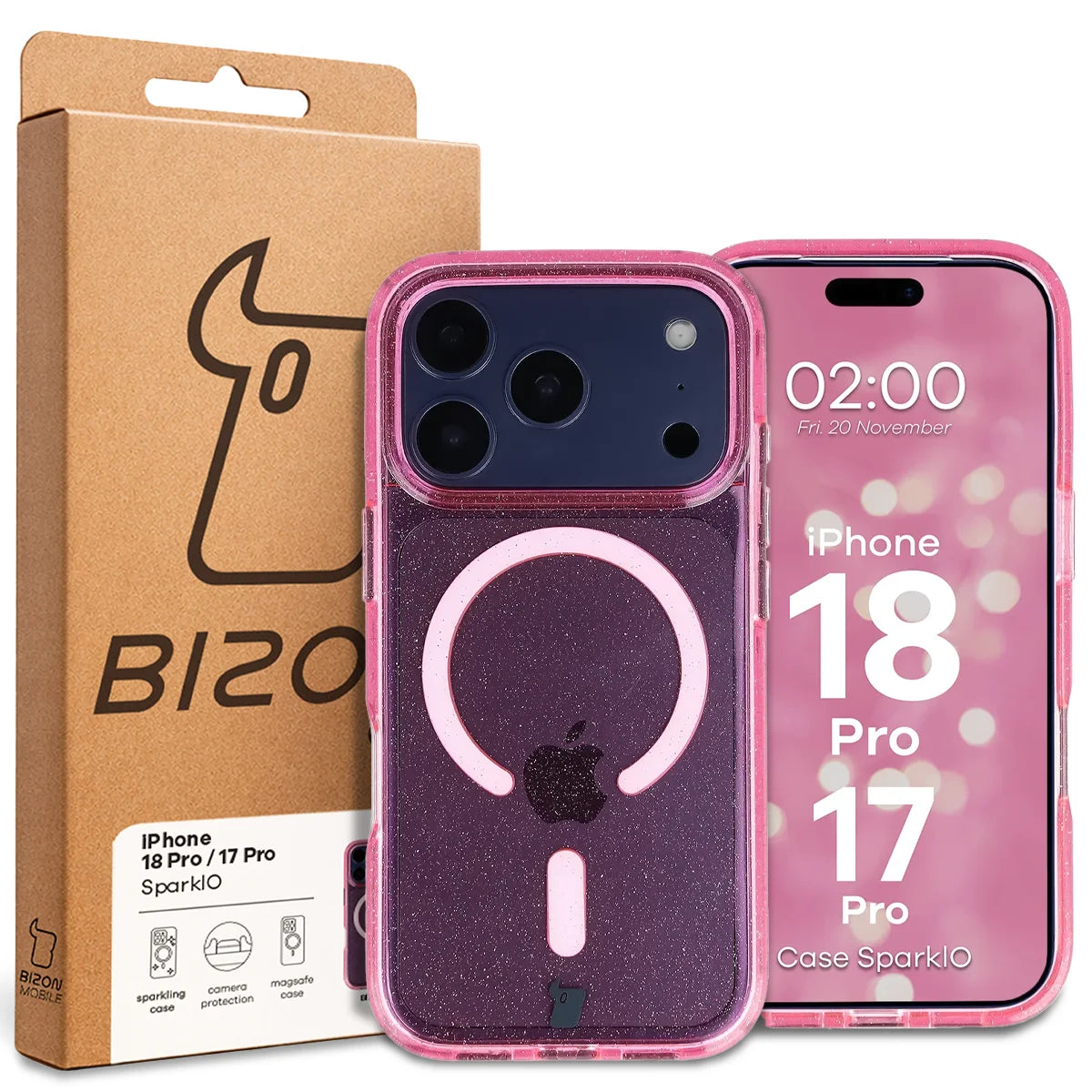 Glitzer Hülle mit Magnetring für iPhone 18 Pro / 17 Pro, Bizon Case SparklO, Transparent-Rosa mit Glitzer
