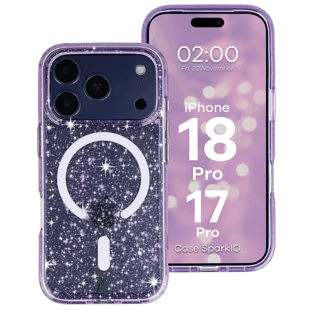 Glitzer Hülle mit Magnetring für iPhone 18 Pro / 17 Pro, Bizon Case SparklO, Transparent-Violet mit Glitzer