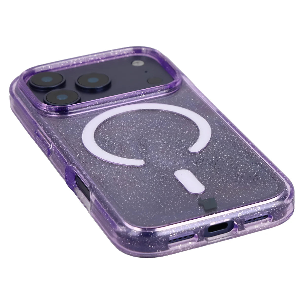 Glitzer Hülle mit Magnetring für iPhone 18 Pro / 17 Pro, Bizon Case SparklO, Transparent-Violet mit Glitzer