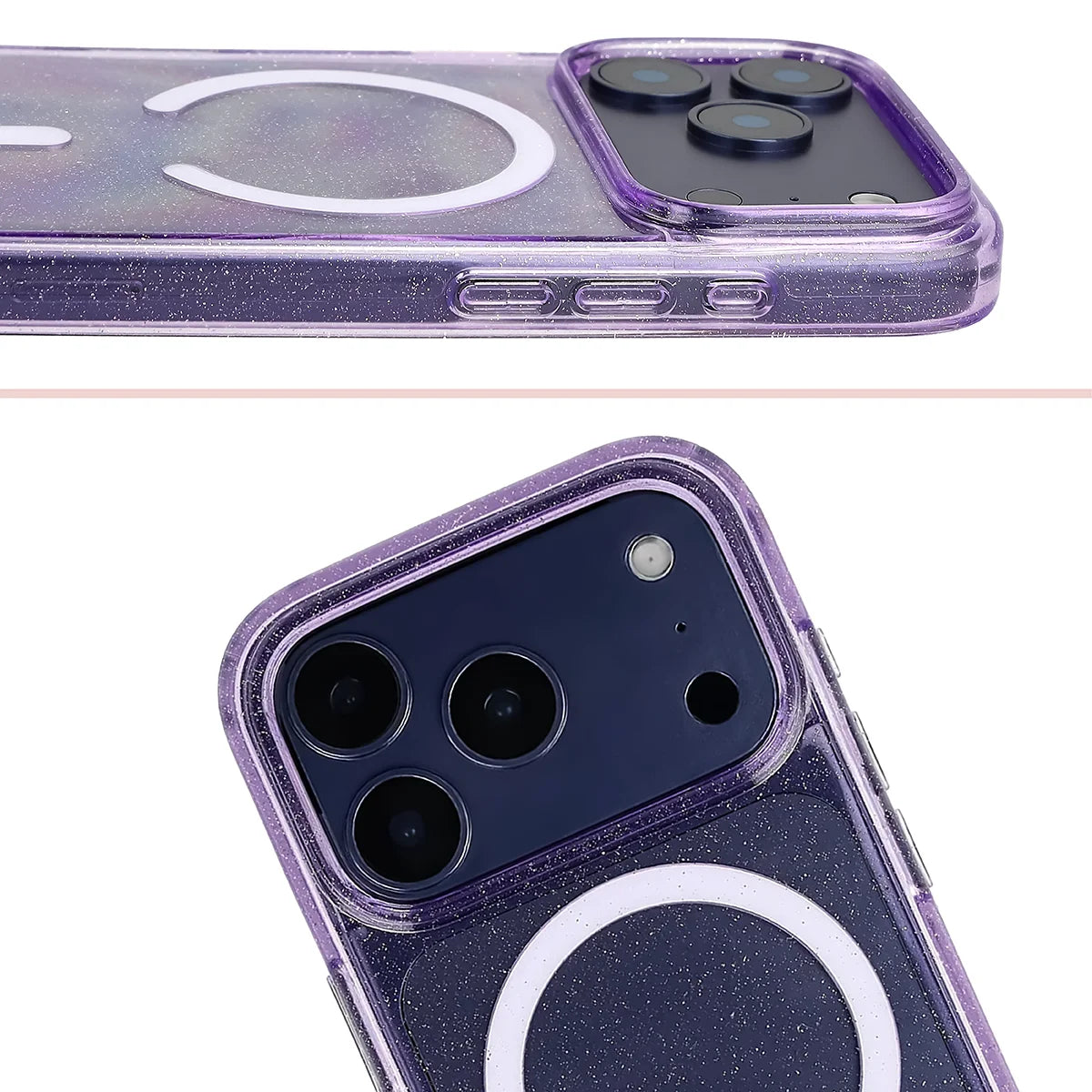 Glitzer Hülle mit Magnetring für iPhone 18 Pro / 17 Pro, Bizon Case SparklO, Transparent-Violet mit Glitzer