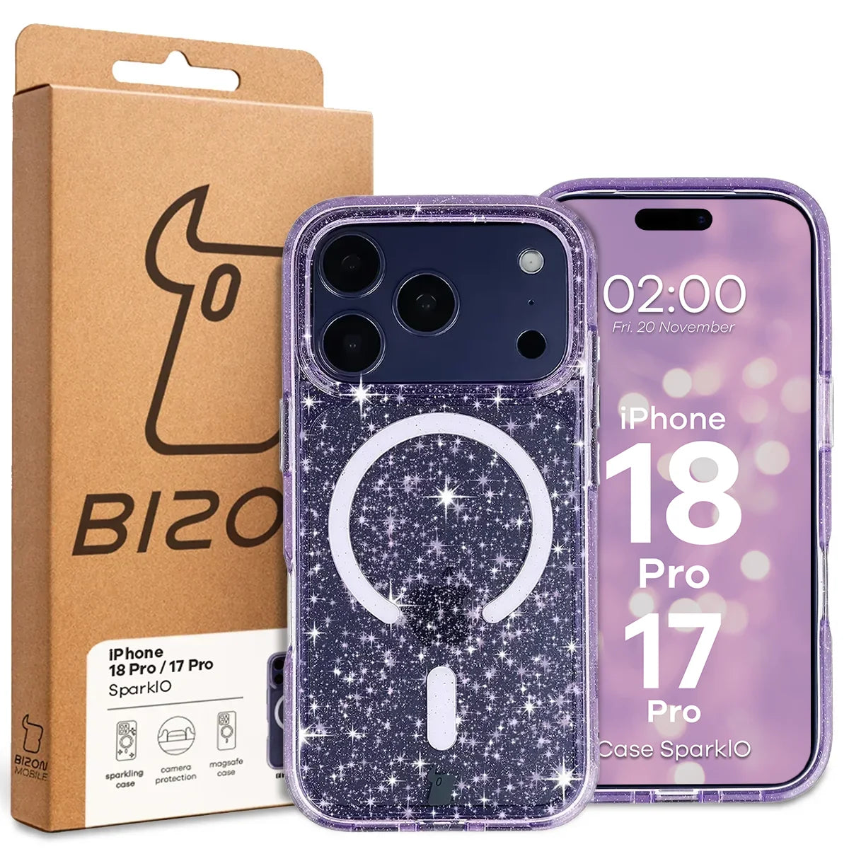 Glitzer Hülle mit Magnetring für iPhone 18 Pro / 17 Pro, Bizon Case SparklO, Transparent-Violet mit Glitzer