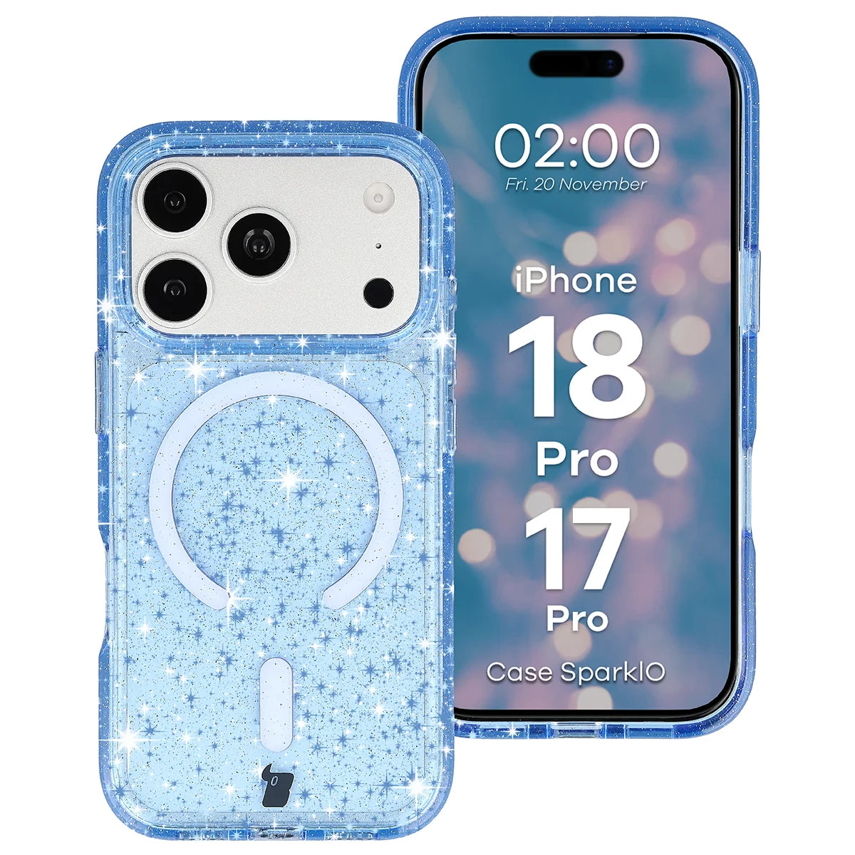 Glitzer Hülle mit Magnetring für iPhone 18 Pro / 17 Pro, Bizon Case SparklO, Transparent-Hellblau mit Glitzer (1/6)
