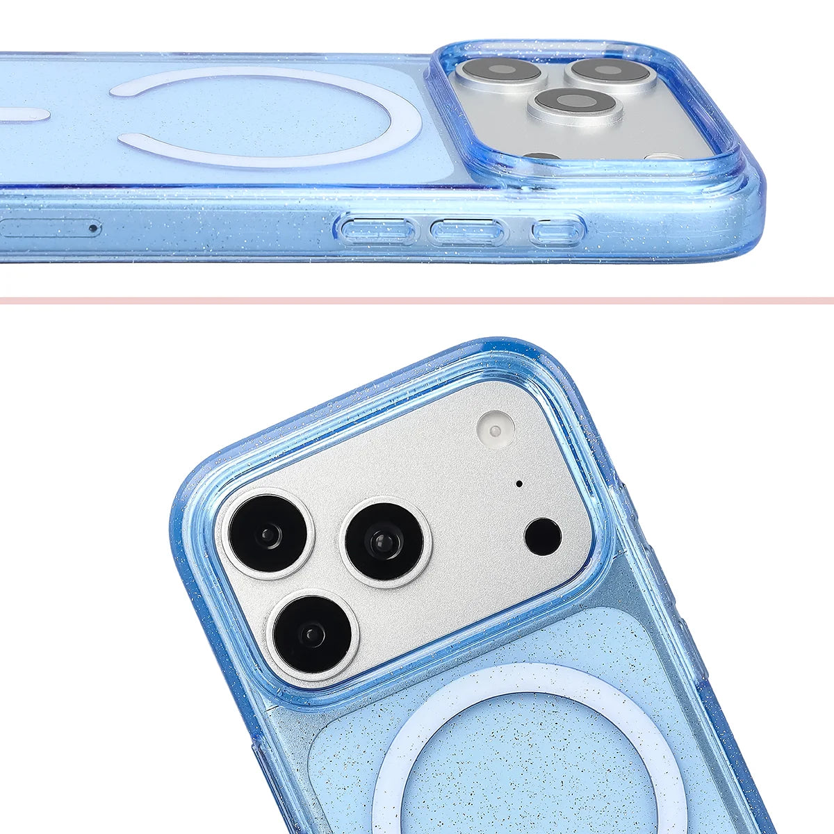 Glitzer Hülle mit Magnetring für iPhone 18 Pro / 17 Pro, Bizon Case SparklO, Transparent-Hellblau mit Glitzer (5/6)
