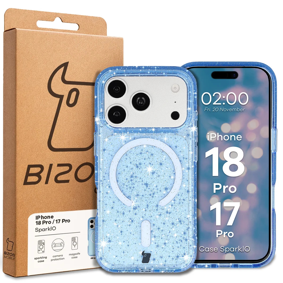 Glitzer Hülle mit Magnetring für iPhone 18 Pro / 17 Pro, Bizon Case SparklO, Transparent-Hellblau mit Glitzer (6/6)
