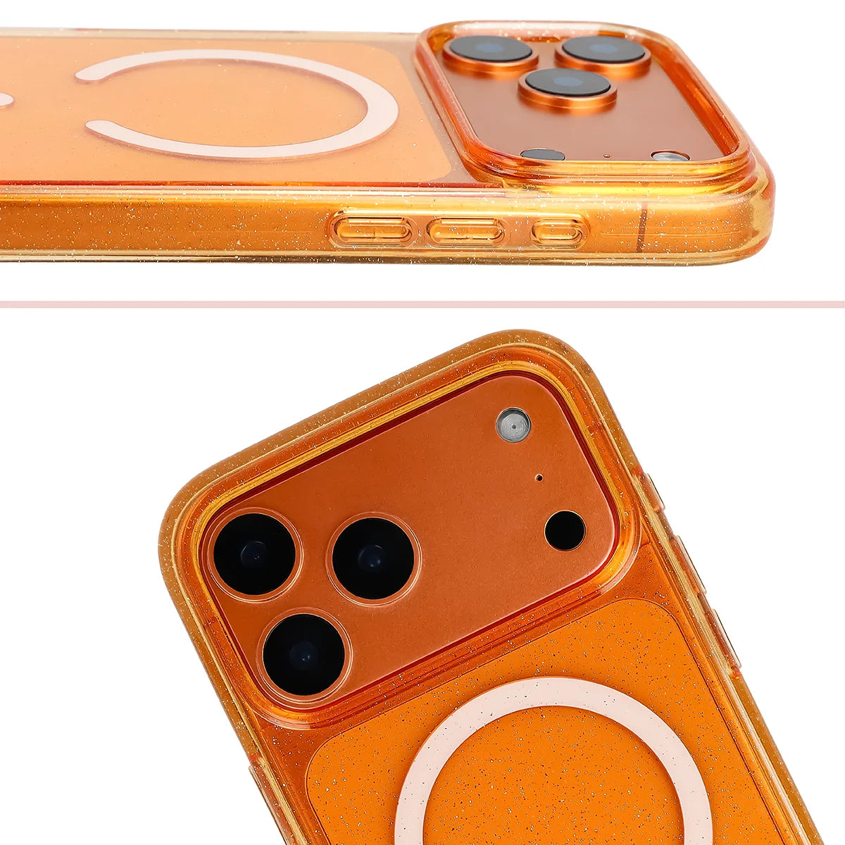Glitzer Hülle mit Magnetring für iPhone 18 Pro Max / 17 Pro Max, Bizon Case SparklO, Transparent-Orange mit Glitzer