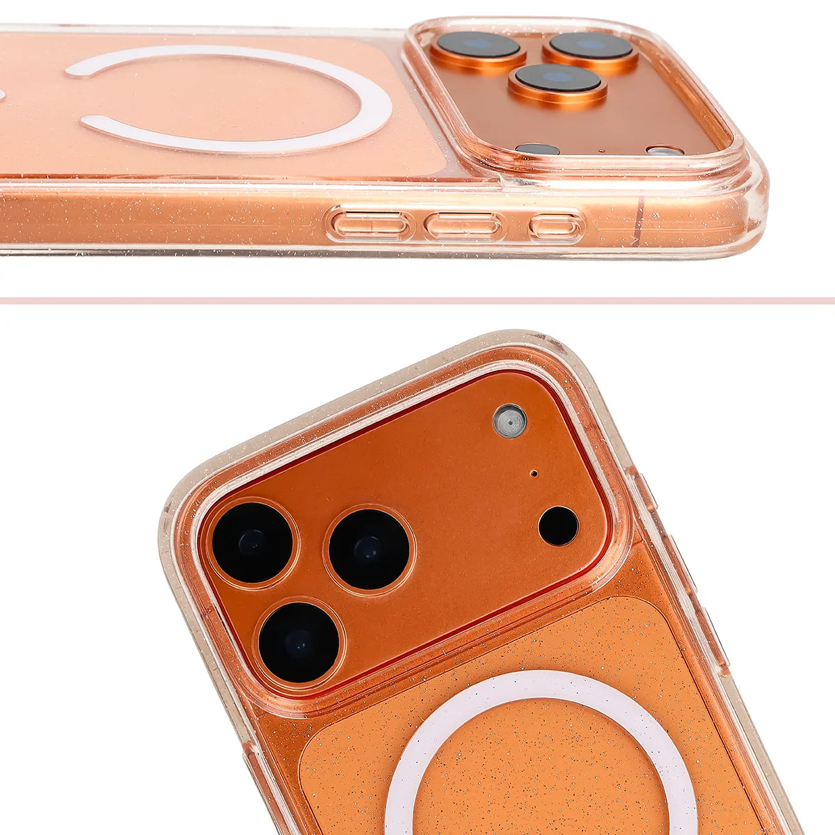 Glitzer Hülle mit Magnetring für iPhone 18 Pro Max / 17 Pro Max, Bizon Case SparklO, Transparent-Hellorange mit Glitzer