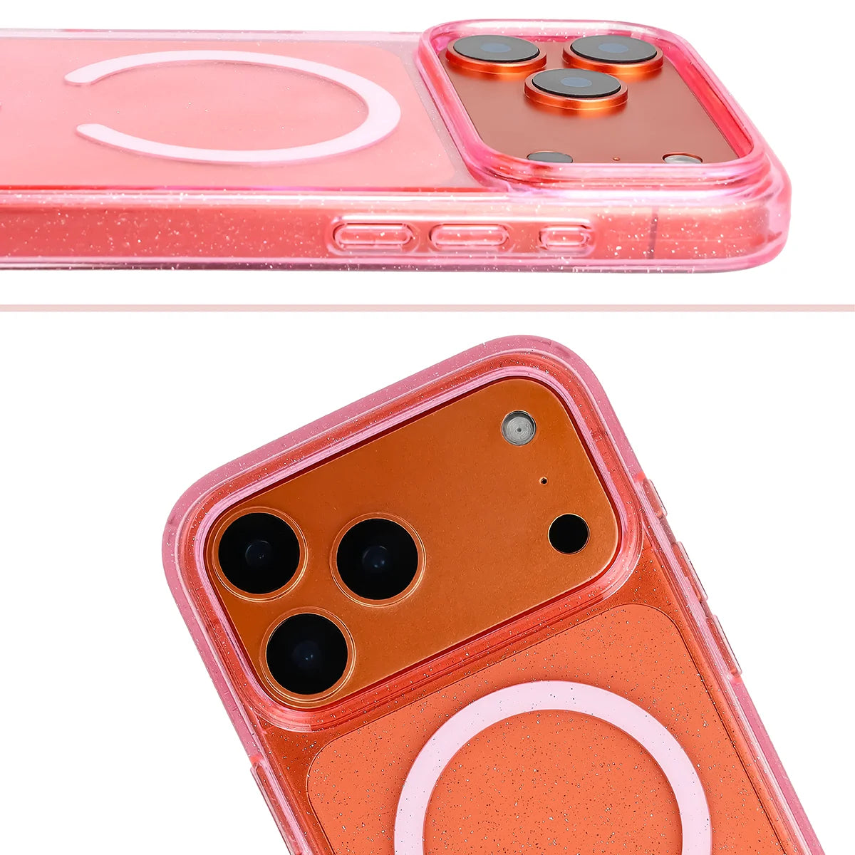 Glitzer Hülle mit Magnetring für iPhone 18 Pro Max / 17 Pro Max, Bizon Case SparklO, Transparent-Rosa mit Glitzer