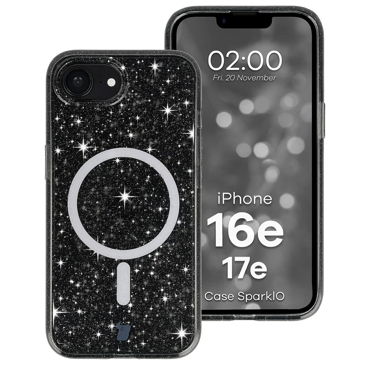 Glitzer Hülle mit Magnetring für iPhone 17e / 16e, Bizon Case SparklO, Transparent-Schwarz mit Glitzer