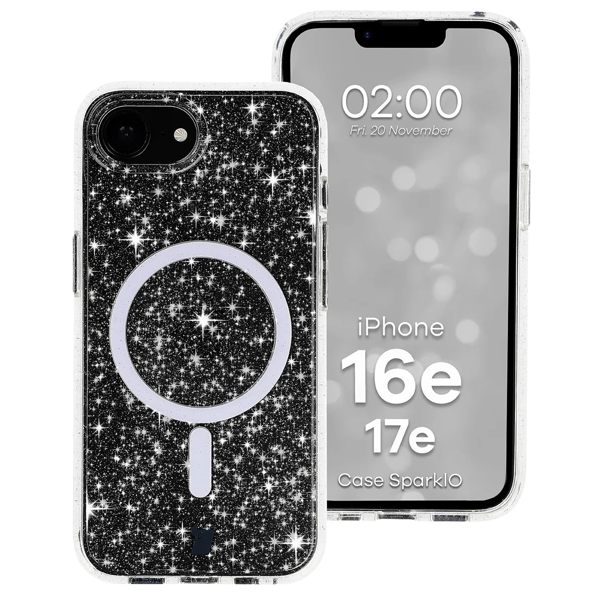 Glitzer Hülle mit Magnetring für iPhone 17e / 16e, Bizon Case SparklO, Transparent mit Glitzer