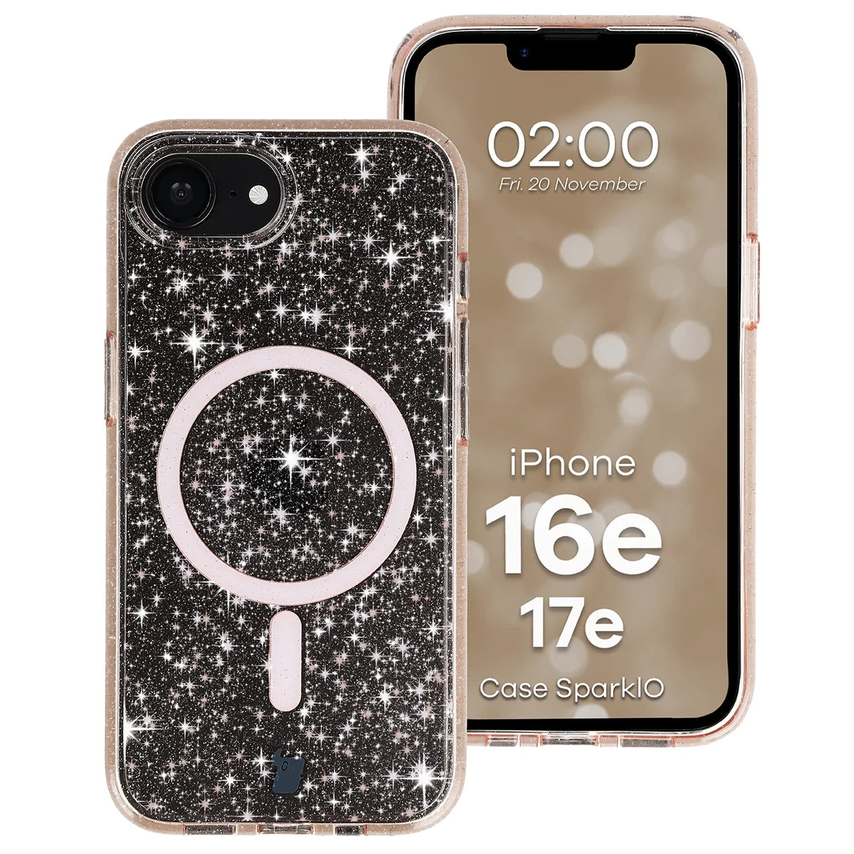 Glitzer Hülle mit Magnetring für iPhone 17e / 16e, Bizon Case SparklO, Transparent-Hellorange mit Glitzer