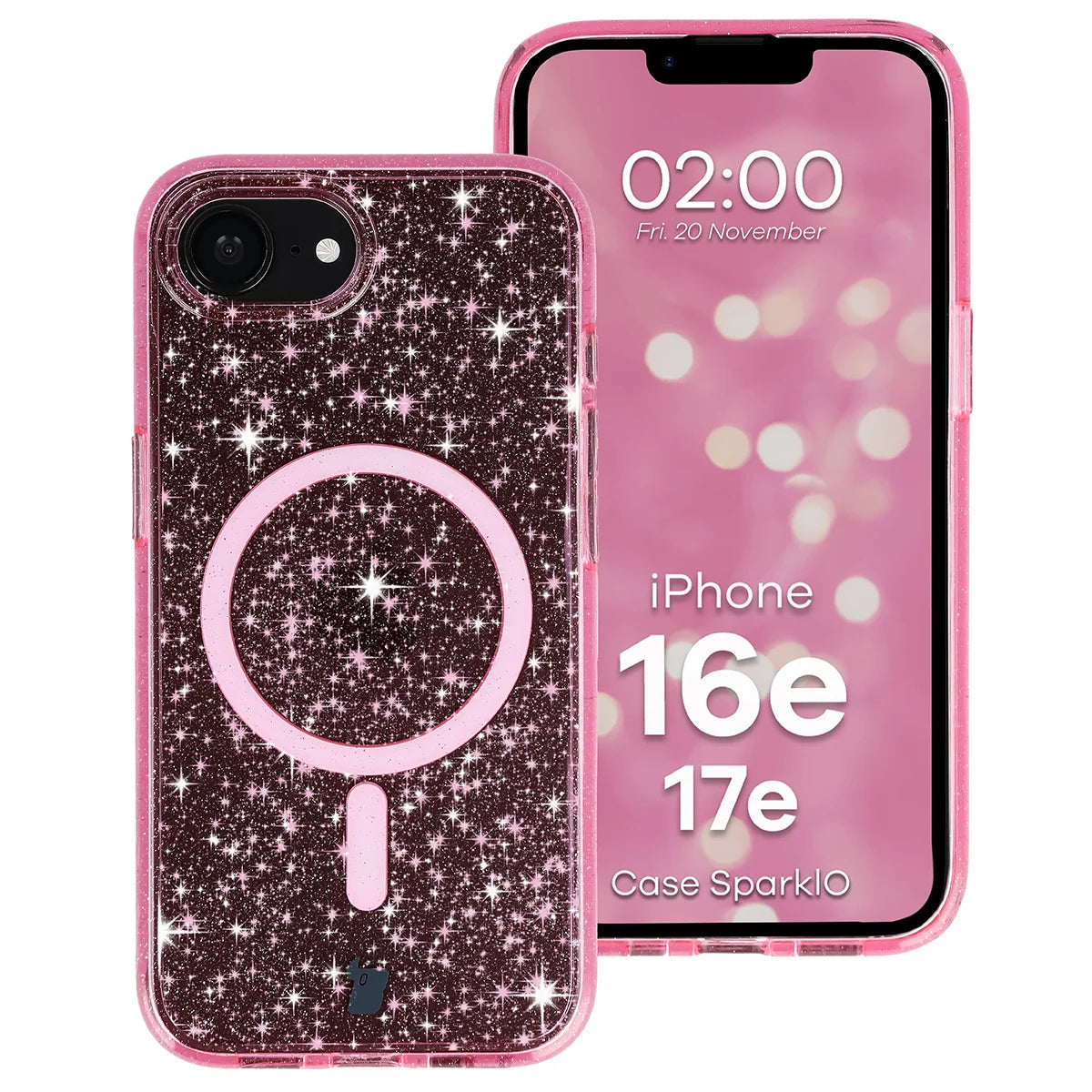 Glitzer Hülle mit Magnetring für iPhone 17e / 16e, Bizon Case SparklO, Transparent-Rosa mit Glitzer