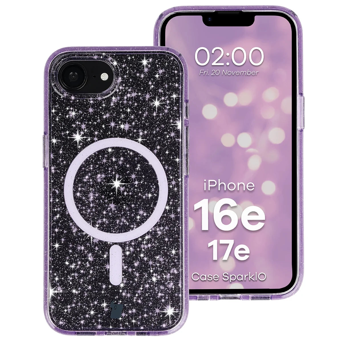 Glitzer Hülle mit Magnetring für iPhone 17e / 16e, Bizon Case SparklO, Transparent-Violet mit Glitzer