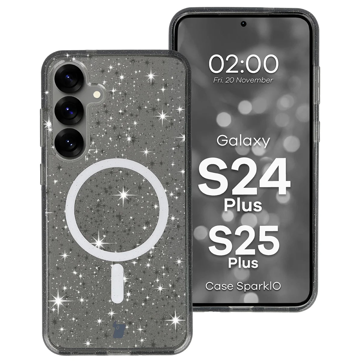 Glitzer Hülle mit Magnetring für Galaxy S25 Plus / S24 Plus, Bizon Case SparklO, Transparent-Schwarz mit Glitzer