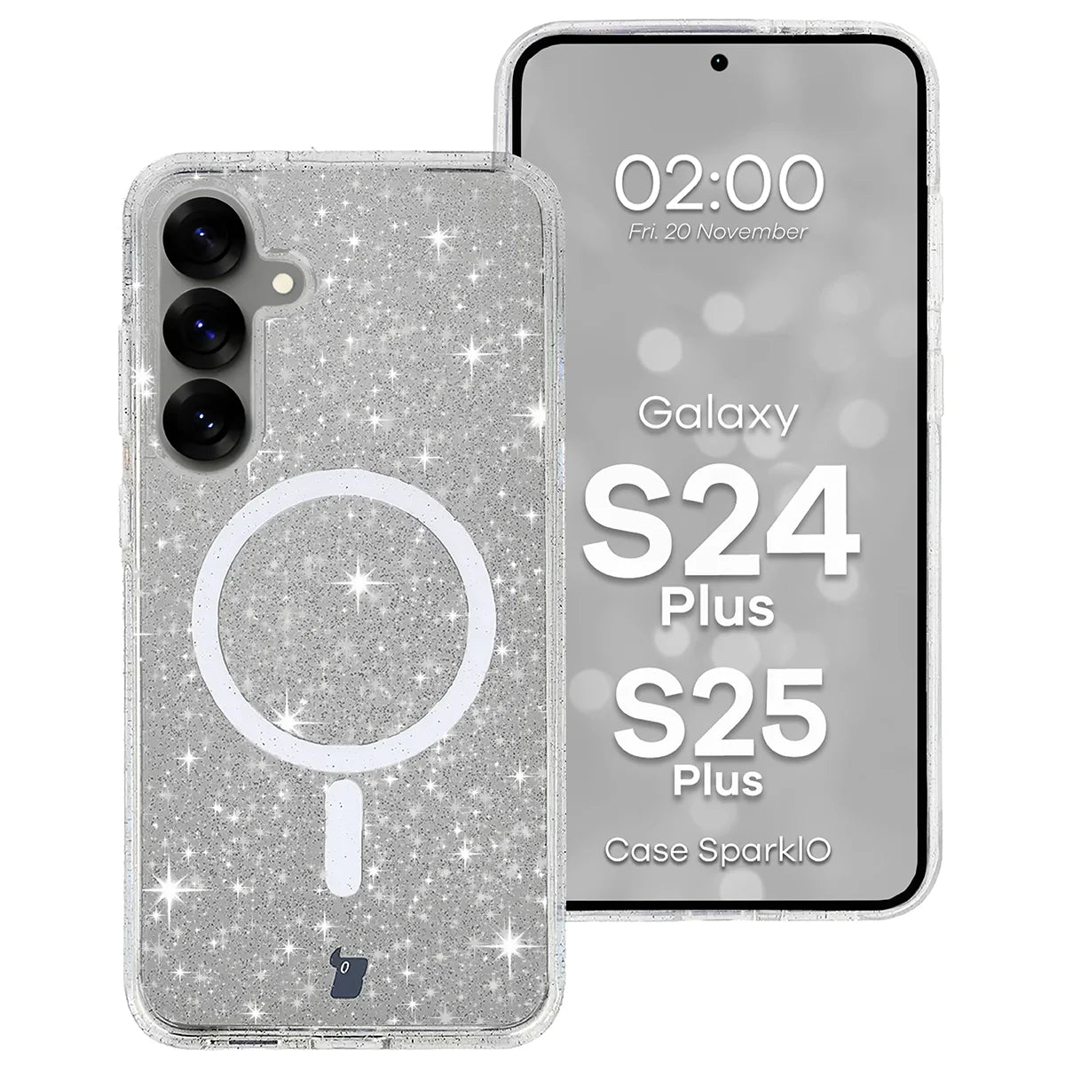Glitzer Hülle mit Magnetring für Galaxy S25 Plus / S24 Plus, Bizon Case SparklO, Transparent mit Glitzer