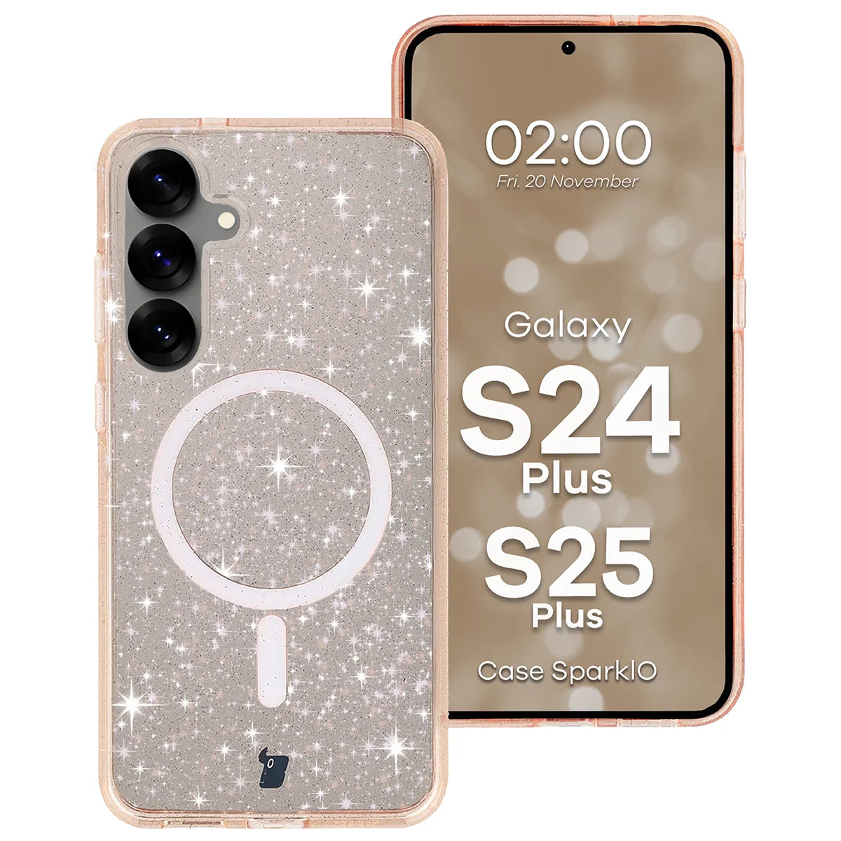 Glitzer Hülle mit Magnetring für Galaxy S25 Plus / S24 Plus, Bizon Case SparklO, Transparent-Hellorange mit Glitzer