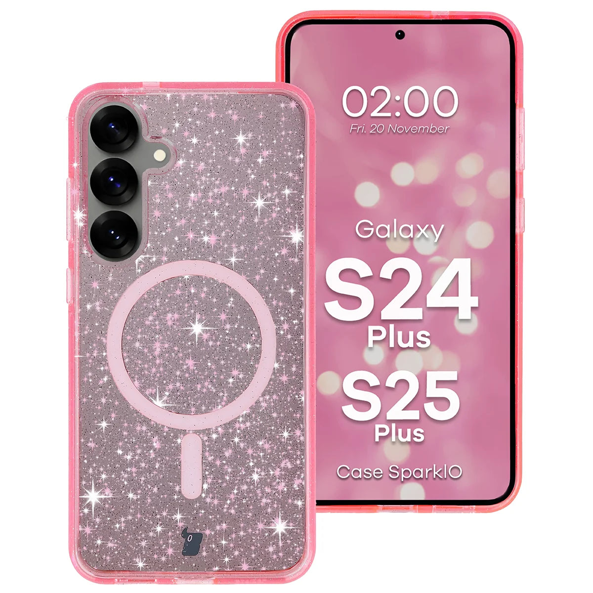 Glitzer Hülle mit Magnetring für Galaxy S25 Plus / S24 Plus, Bizon Case SparklO, Transparent-Rosa mit Glitzer