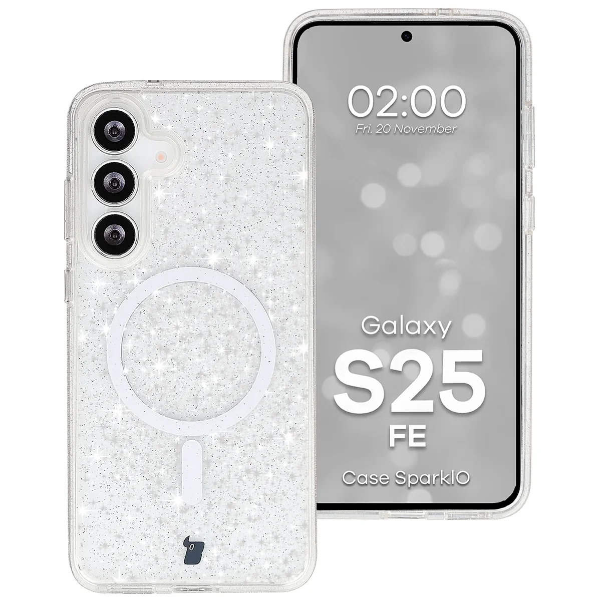 Glitzer Hülle mit Magnetring für Galaxy S25 FE, Bizon Case SparklO, Transparent mit Glitzer