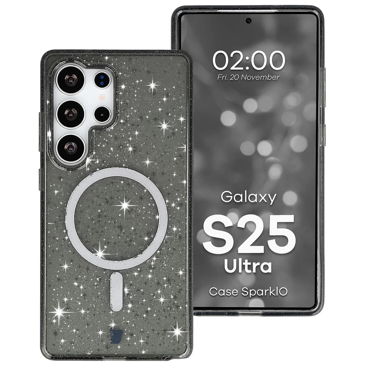 Glitzer Hülle mit Magnetring für Galaxy S25 Ultra, Bizon Case SparklO, Transparent-Schwarz mit Glitzer