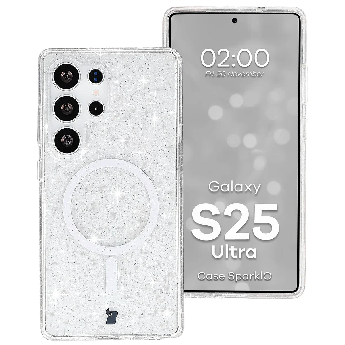 Glitzer Hülle mit Magnetring für Galaxy S25 Ultra, Bizon Case SparklO, Transparent mit Glitzer