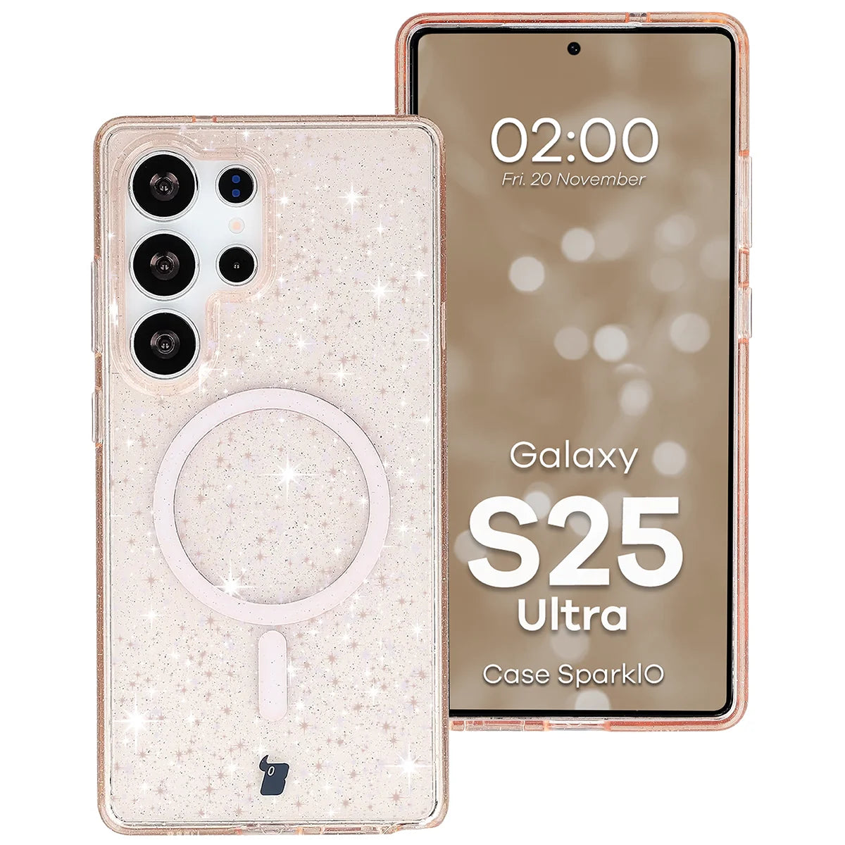 Glitzer Hülle mit Magnetring für Galaxy S25 Ultra, Bizon Case SparklO, Transparent-Hellorange mit Glitzer