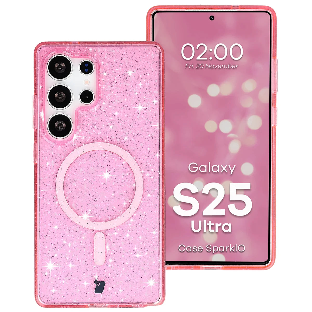 Glitzer Hülle mit Magnetring für Galaxy S25 Ultra, Bizon Case SparklO, Transparent-Rosa mit Glitzer