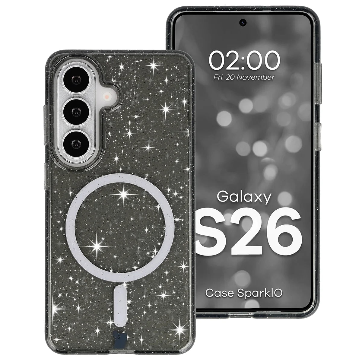 Glitzer Hülle mit Magnetring für Galaxy S26, Bizon Case SparklO, Transparent-Schwarz mit Glitzer