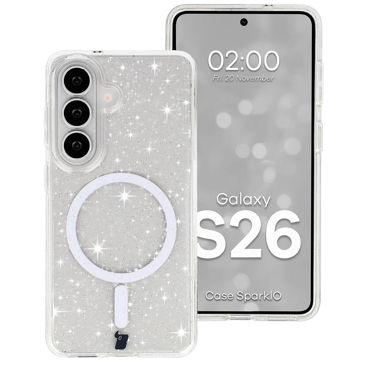 Glitzer Hülle mit Magnetring für Galaxy S26, Bizon Case SparklO, Transparent mit Glitzer