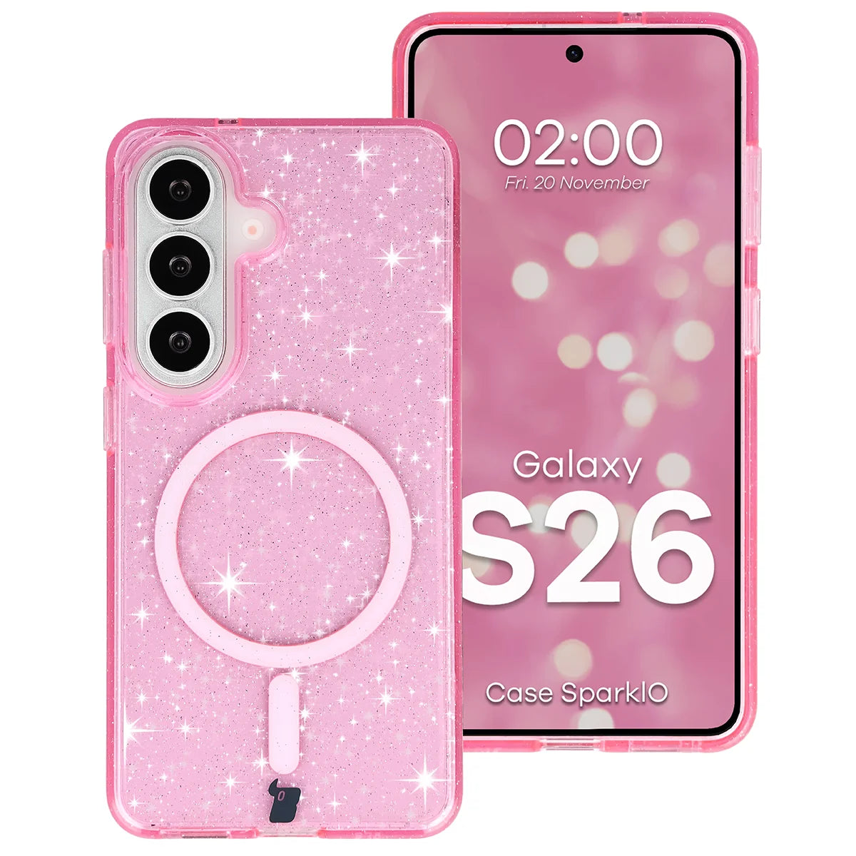 Glitzer Hülle mit Magnetring für Galaxy S26, Bizon Case SparklO, Transparent-Rosa mit Glitzer