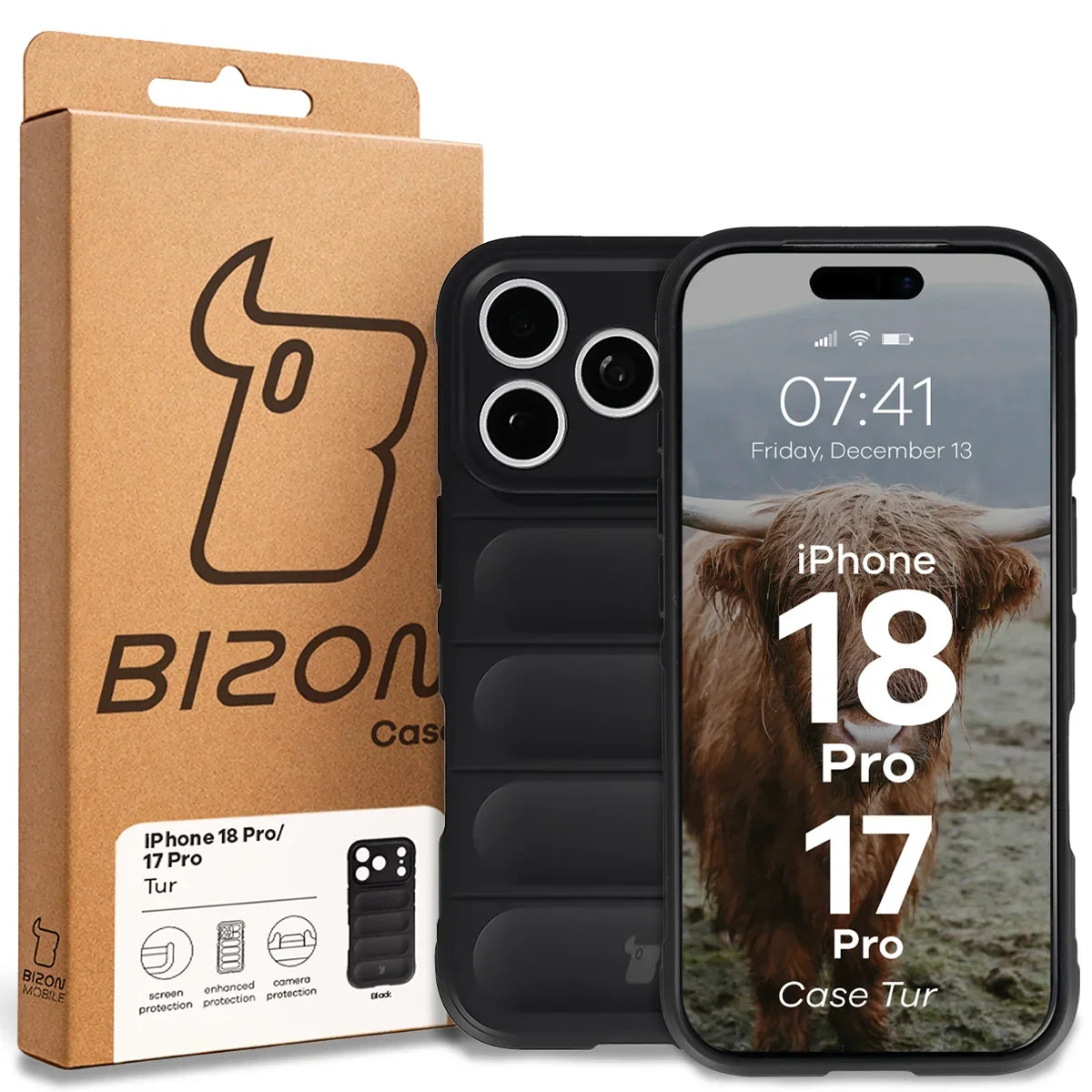 Robuste Handyhülle für iPhone 18 Pro / 17 Pro, Bizon Case Tur, Schwarz