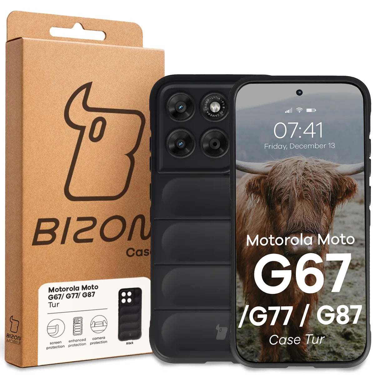 Robuste Handyhülle für Motorola Moto G87 5G / G77 5G / G67 5G, Bizon Case Tur, Schwarz