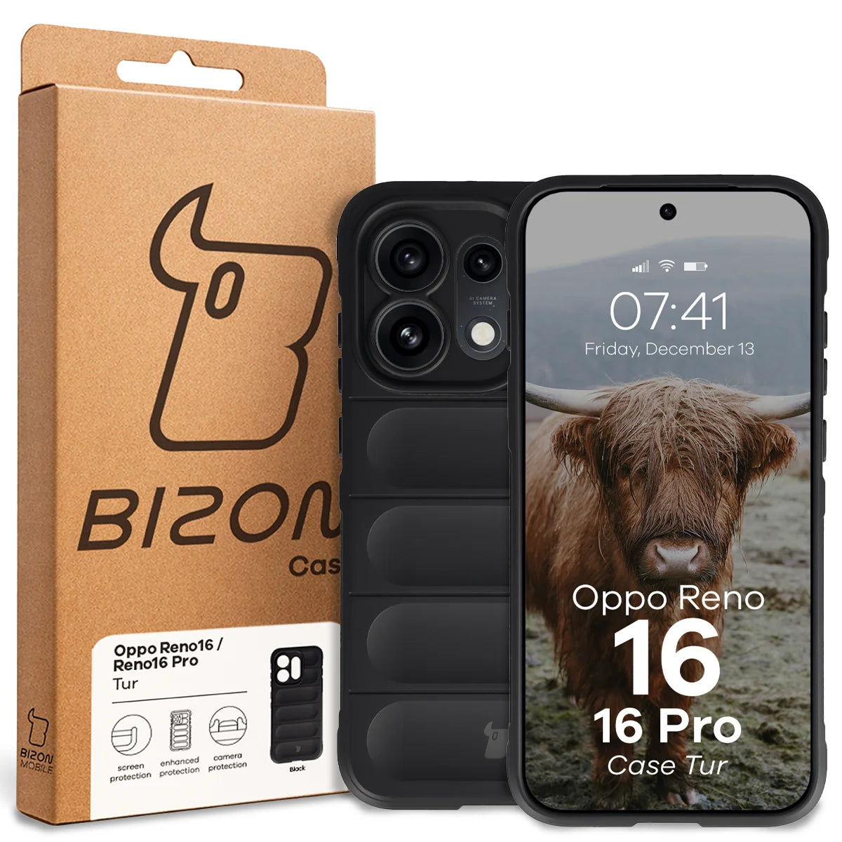Robuste Handyhülle für Oppo Reno16 / Reno16 Pro 5G, Bizon Case Tur, Schwarz