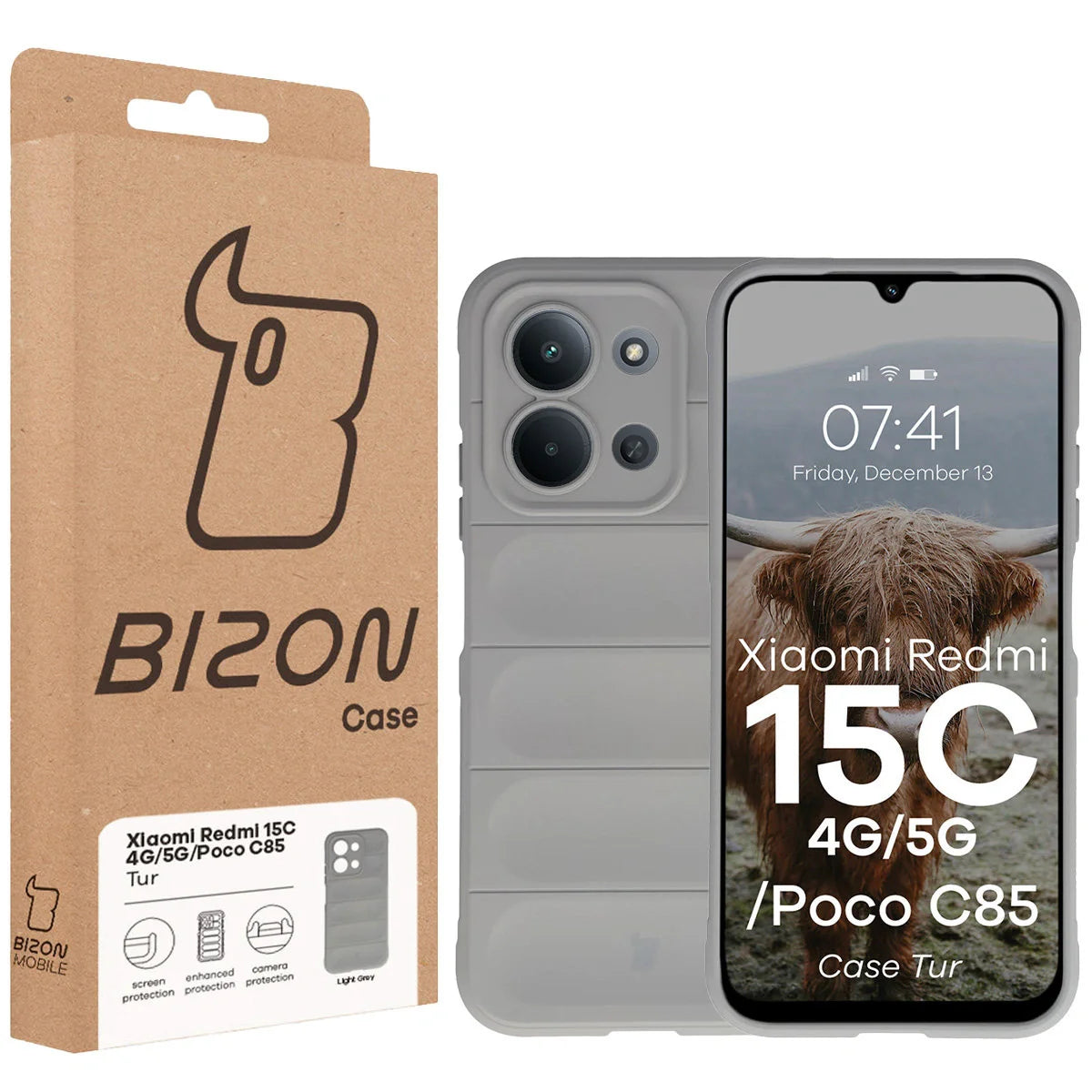 Robuste Handyhülle für Xiaomi Redmi 15C 4G / 5G / POCO C85 4G, Bizon Case Tur, Hellgrau
