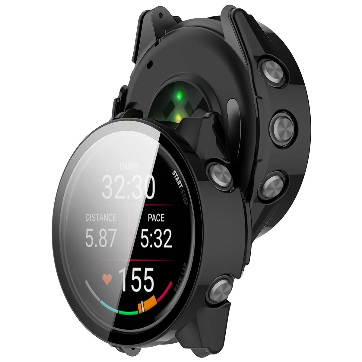 Schutzhülle mit Glas für Garmin Forerunner 70 / 170 / 170 Music, Bizon Case Watch Adamo, Schwarz