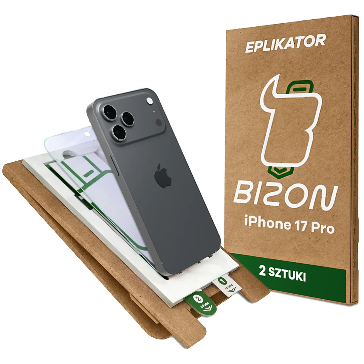 2x Hybridglas mit dem umweltfreundlichen Applikator für iPhone 17 Pro, Bizon Eplikator Hybrid Mule (1/5)